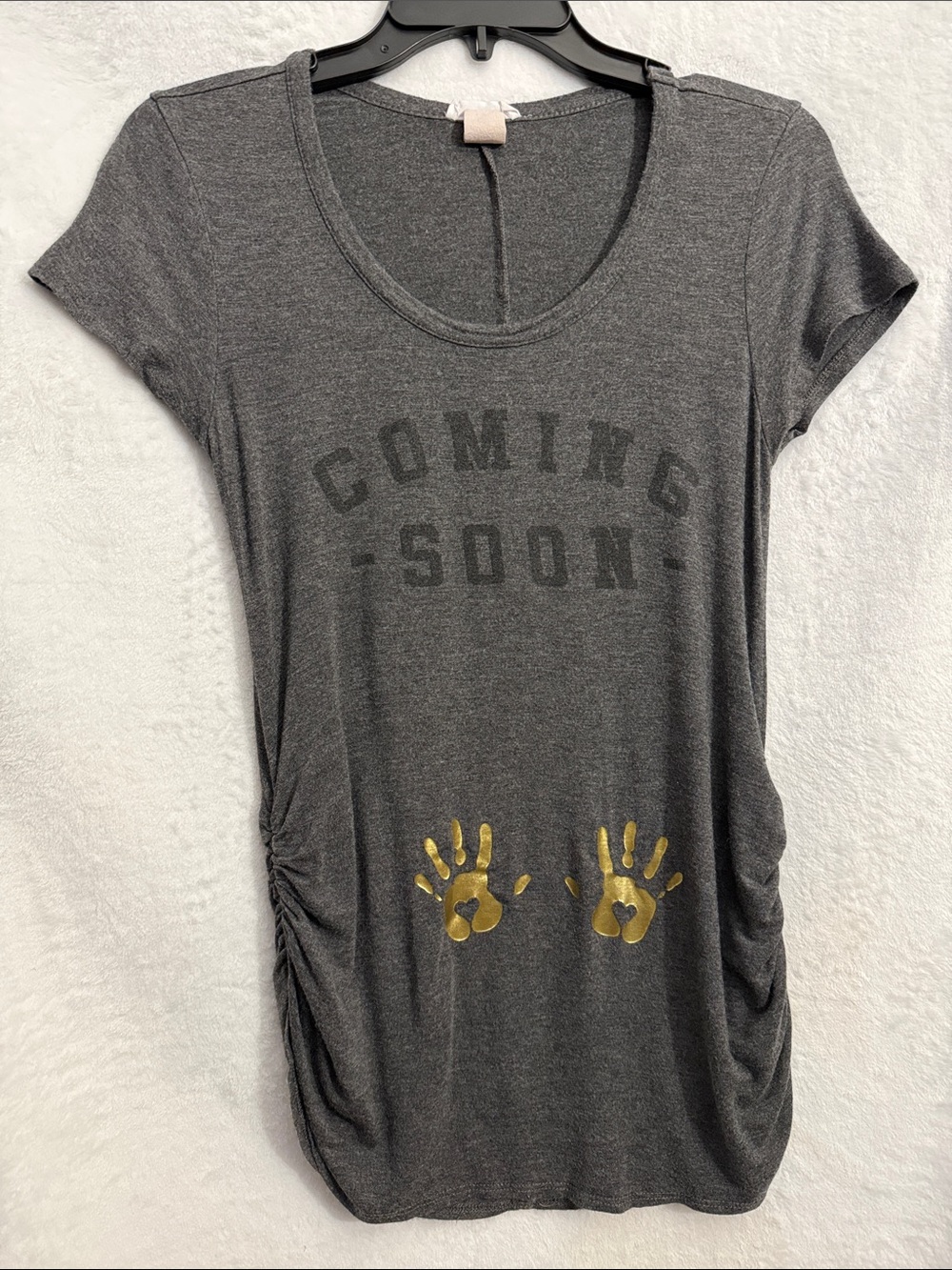 Grey Maternity Tee with Gold Handprint Accent - Coming Soon
